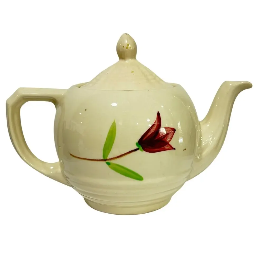 Vintage USA Shawnee Teapot creamy white ceramic & hand painted floral design